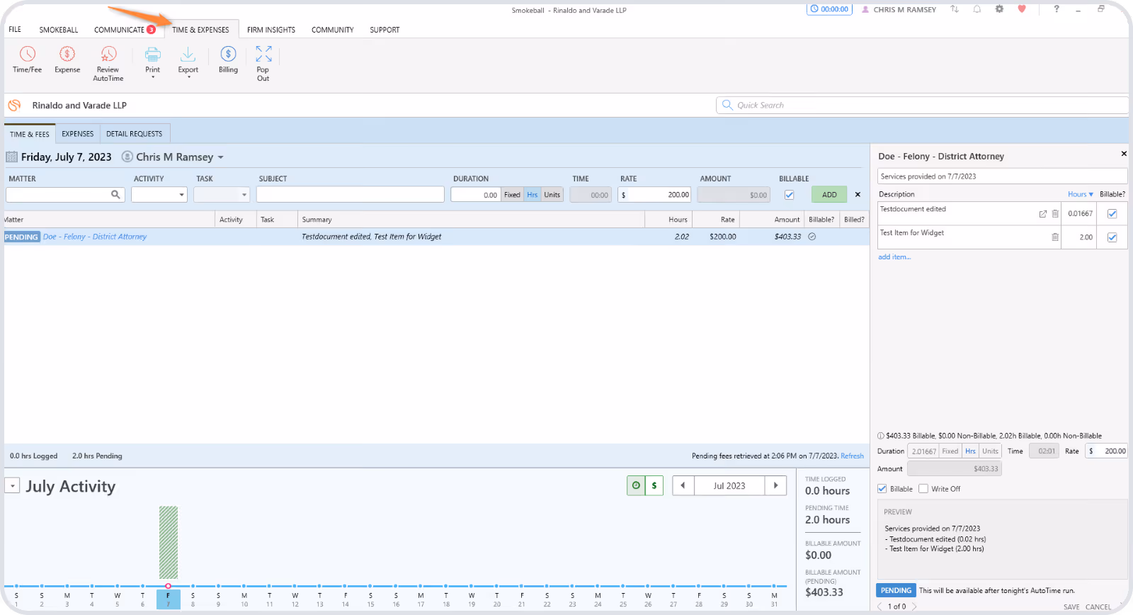 Smokeball displays its time and expenses dashboard with a list of matters, activities, hours, and rates in the middle, a timeline across the bottom, and a right-side panel with text boxes and other controls to edit time entries.