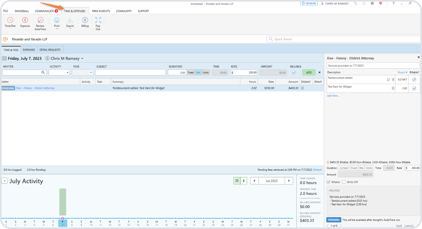 Smokeball displays its time and expenses dashboard with a list of matters, activities, hours, and rates in the middle, a timeline across the bottom, and a right-side panel with text boxes and other controls to edit time entries.