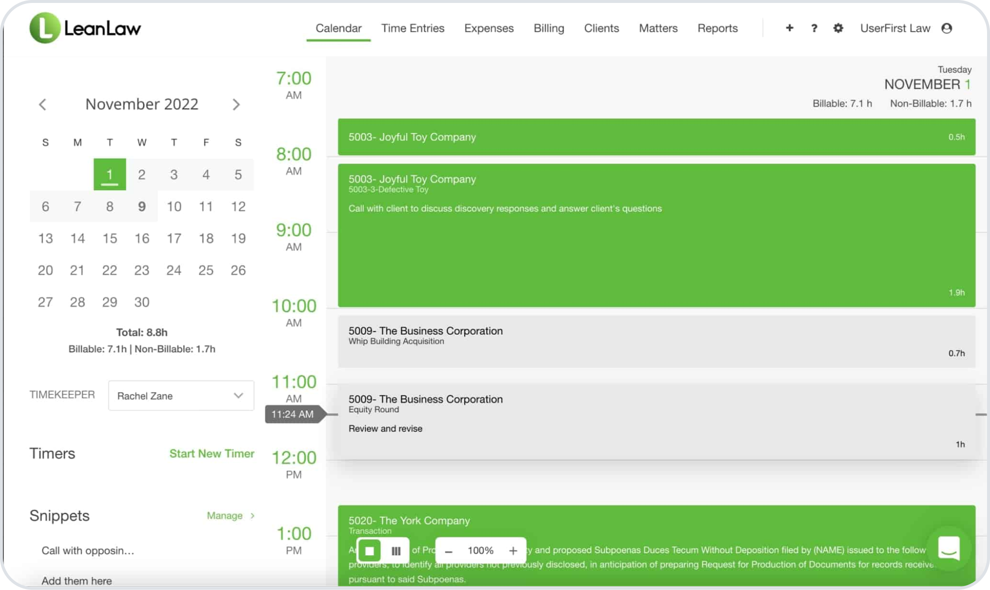 LeanLaw displays its calendar view dashboard with a monthly calendar on the left and a detailed list of tasks and billable hours for a specific day on the right.