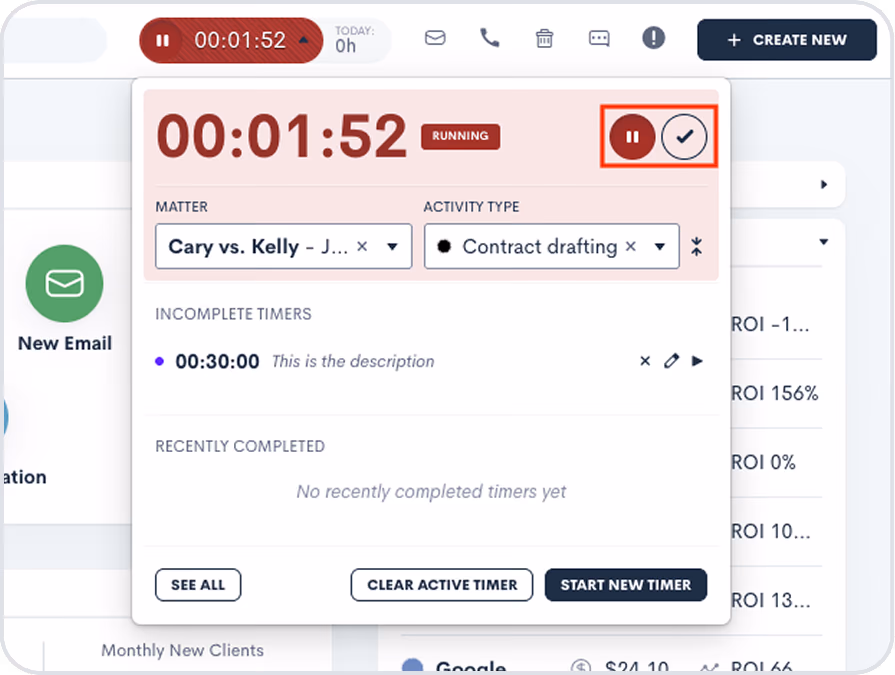 Lawmatics displays a pop-up window with a time clock, pause and stop buttons, and fields to assign matters and activity types to a time entry.