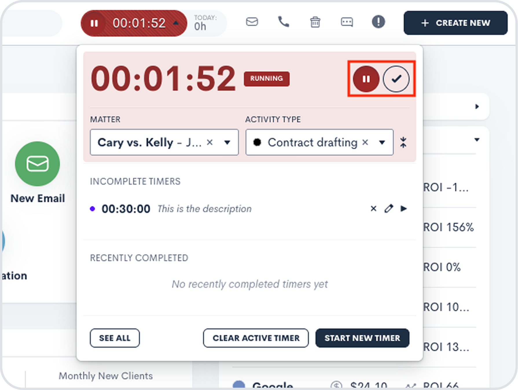 Lawmatics displays a pop-up window with a time clock, pause and stop buttons, and fields to assign matters and activity types to a time entry.