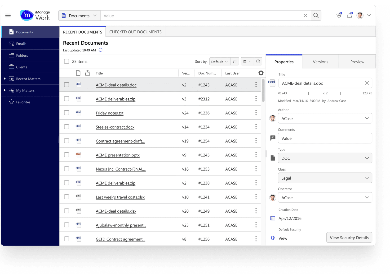 iManage displays its documents dashboard with a list of recent documents in the middle and tabs to access selected documents’ properties, versions, and previews.
