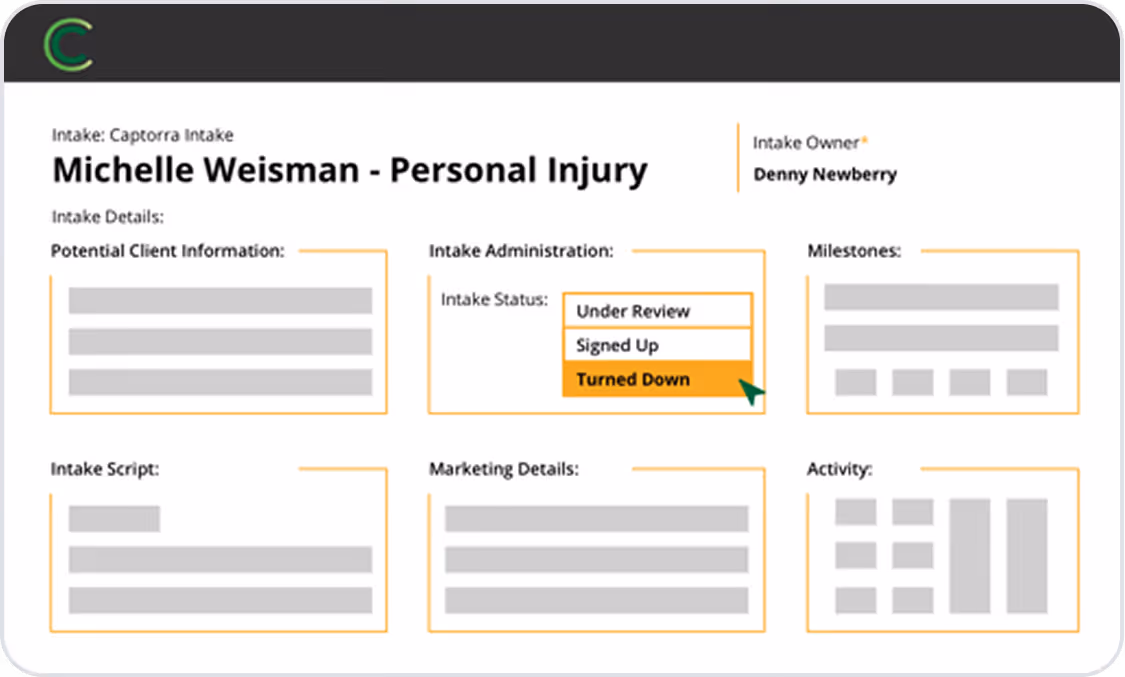 Captorra displays an artistic rendering of the client intake form for someone named Michelle Weisman, including client information, status, milestones, intake script, marketing details, and activity.