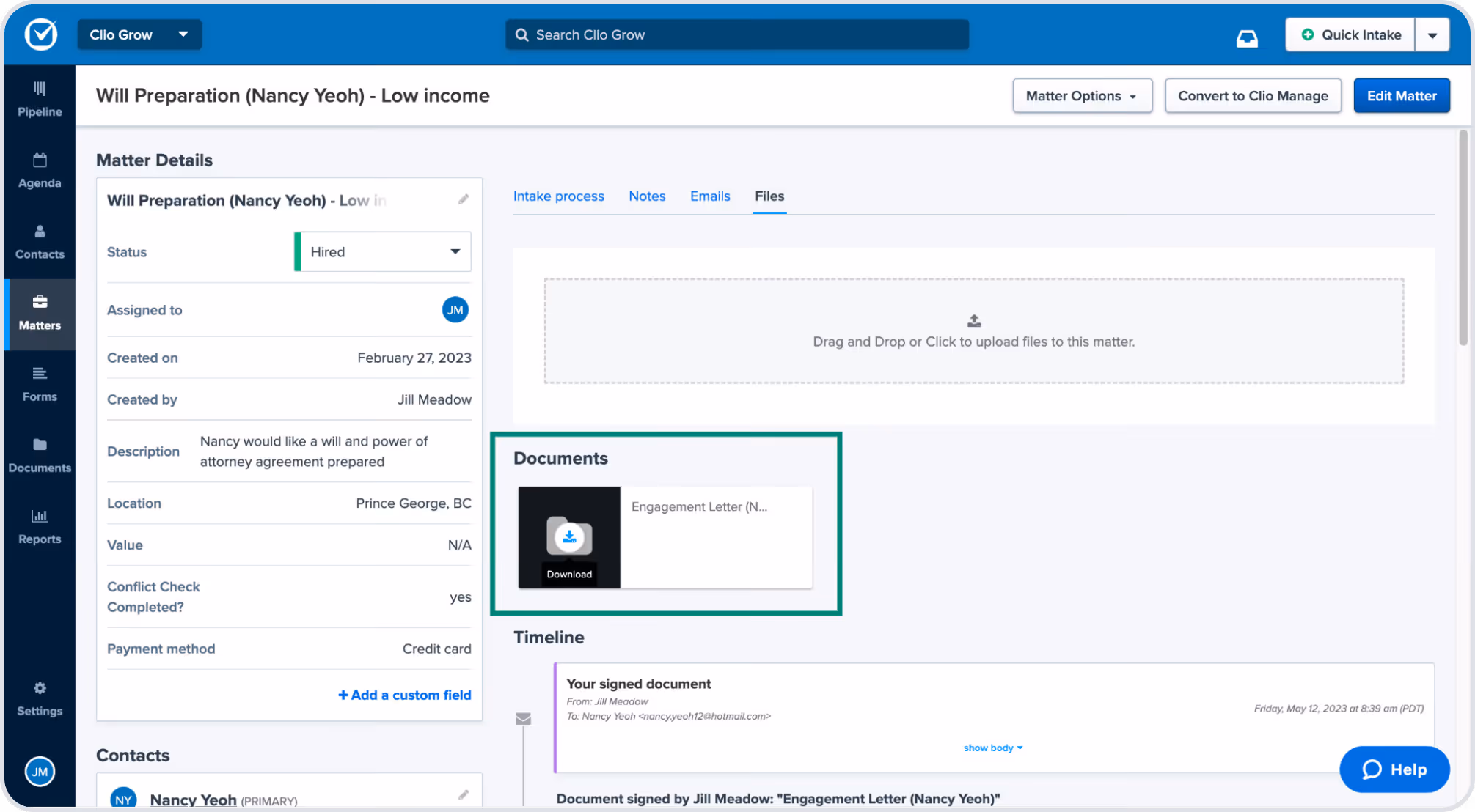 Clio Grow displays a client matter dashboard, featuring intake process tools for task creation, email scheduling, and form preparation. It also shows options for automated workflows. The interface includes tabs for notes, communications, and files, alongside client and marketing details. 