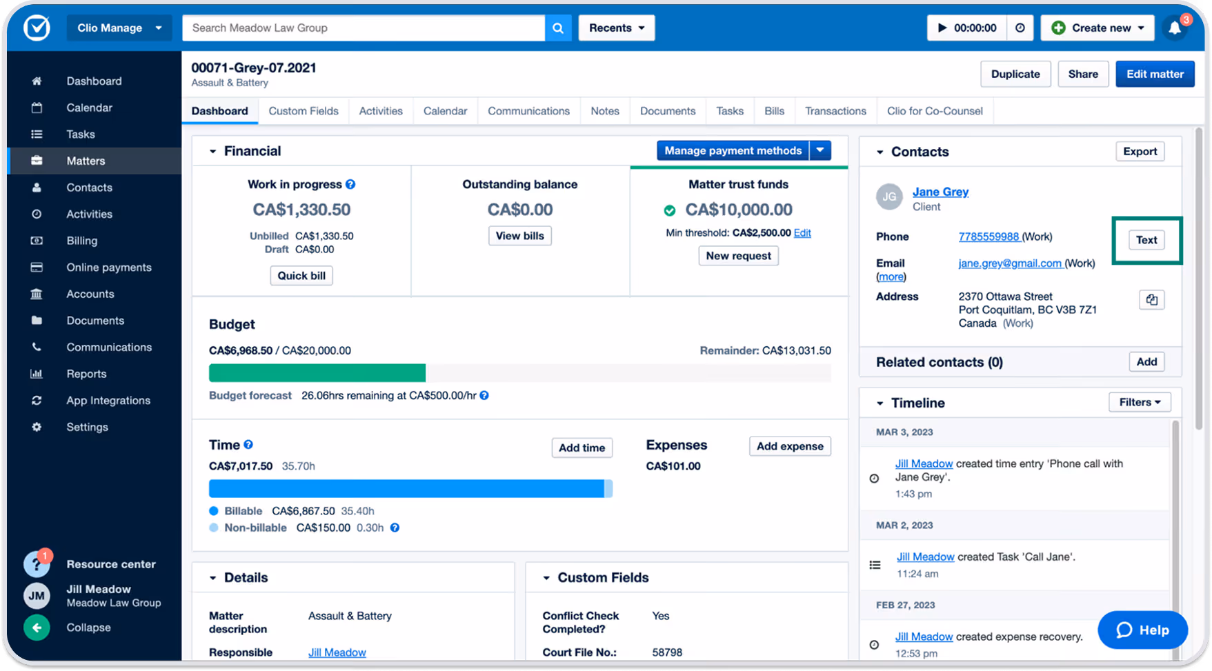Clio Manage displays its Matters homepage with widgets for top financial numbers, budget progress, billable time, contacts, and timeline.