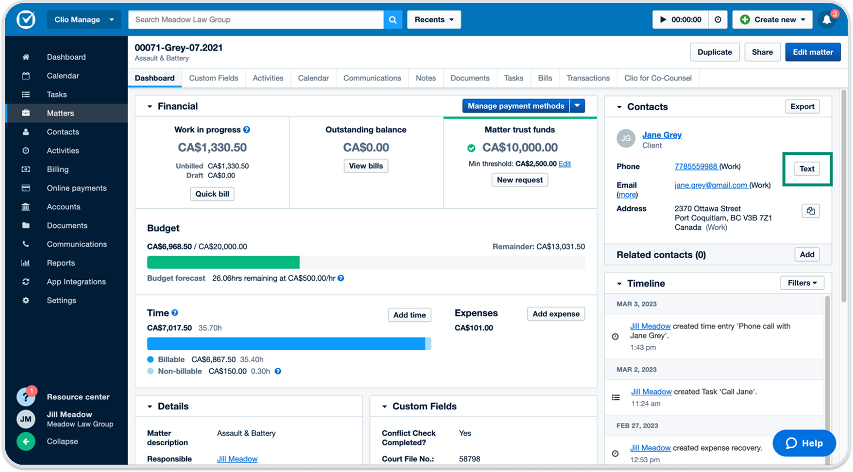 Clio Manage displays its Matters homepage with widgets for top financial numbers, budget progress, billable time, contacts, and timeline.