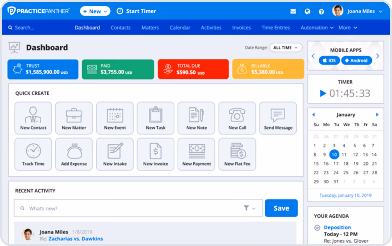 PracticePanther displays its homepage dashboard with widgets displaying financial metrics like total due, icons for quick actions like creating a new matter, a timer, and a monthly calendar.