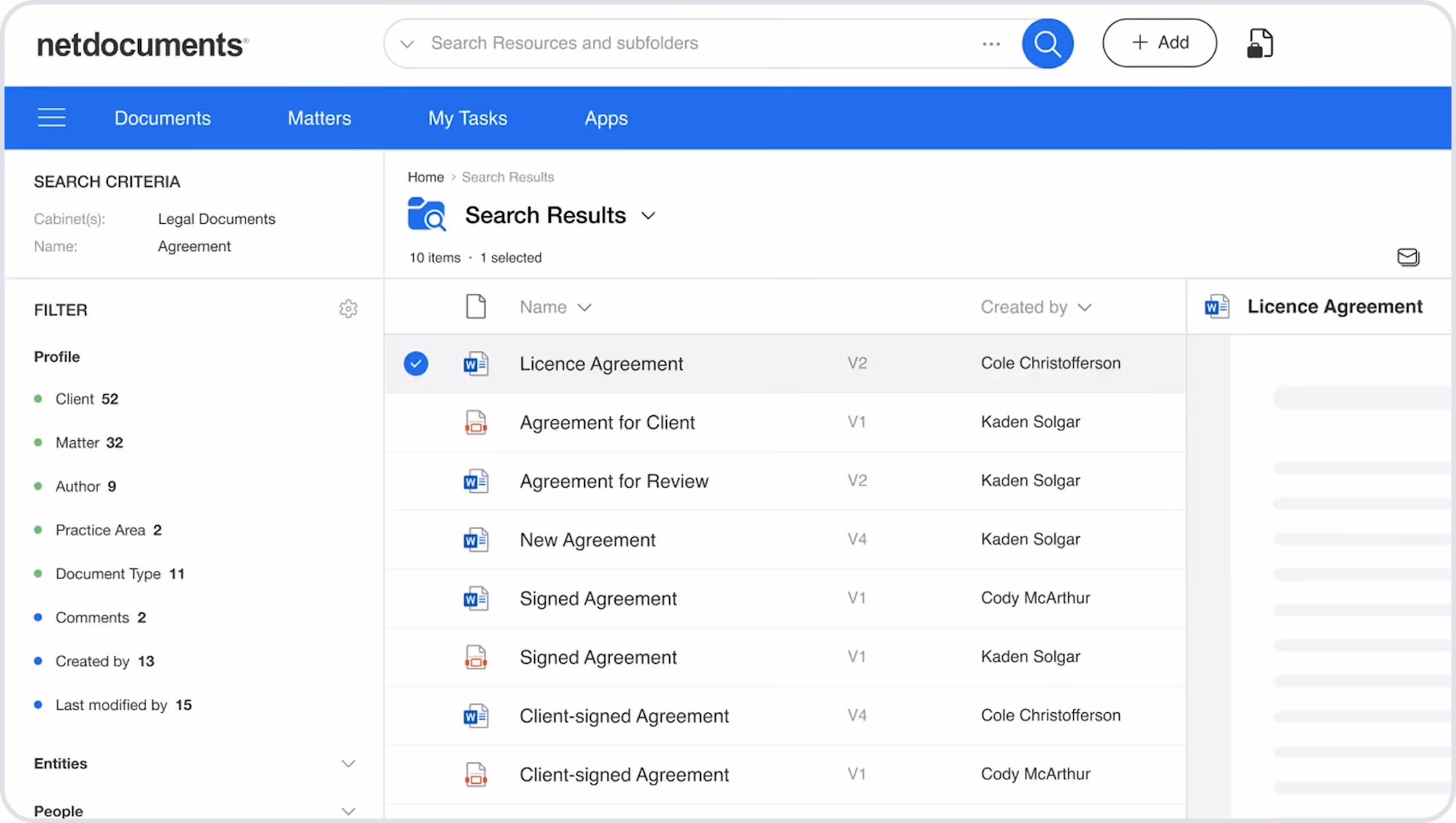 NetDocuments displays its search results dashboard with filters like profiles, entities, and people on the left; document results in the middle; and a document preview pane on the right.