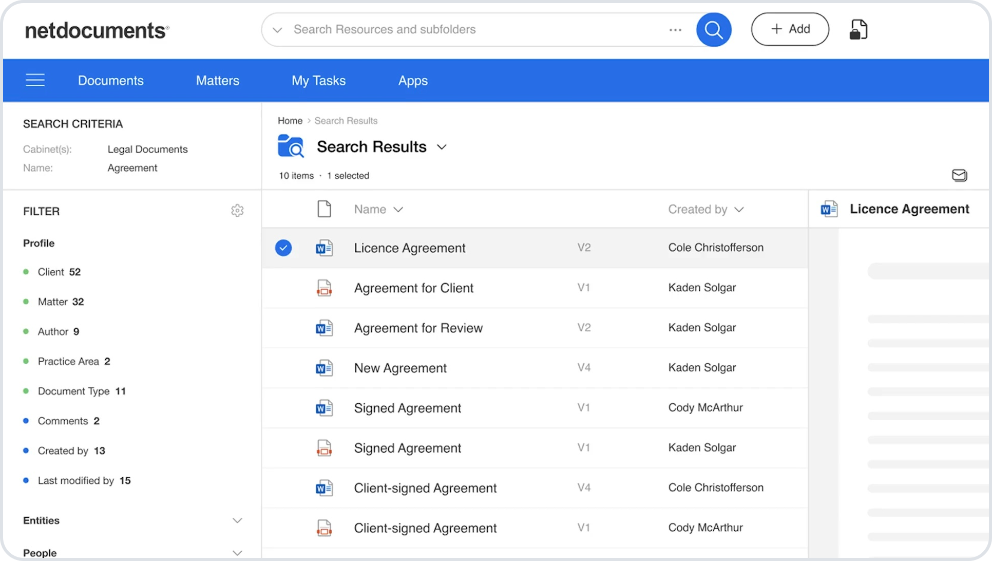 NetDocuments displays its search results dashboard with filters like profiles, entities, and people on the left; document results in the middle; and a document preview pane on the right.
