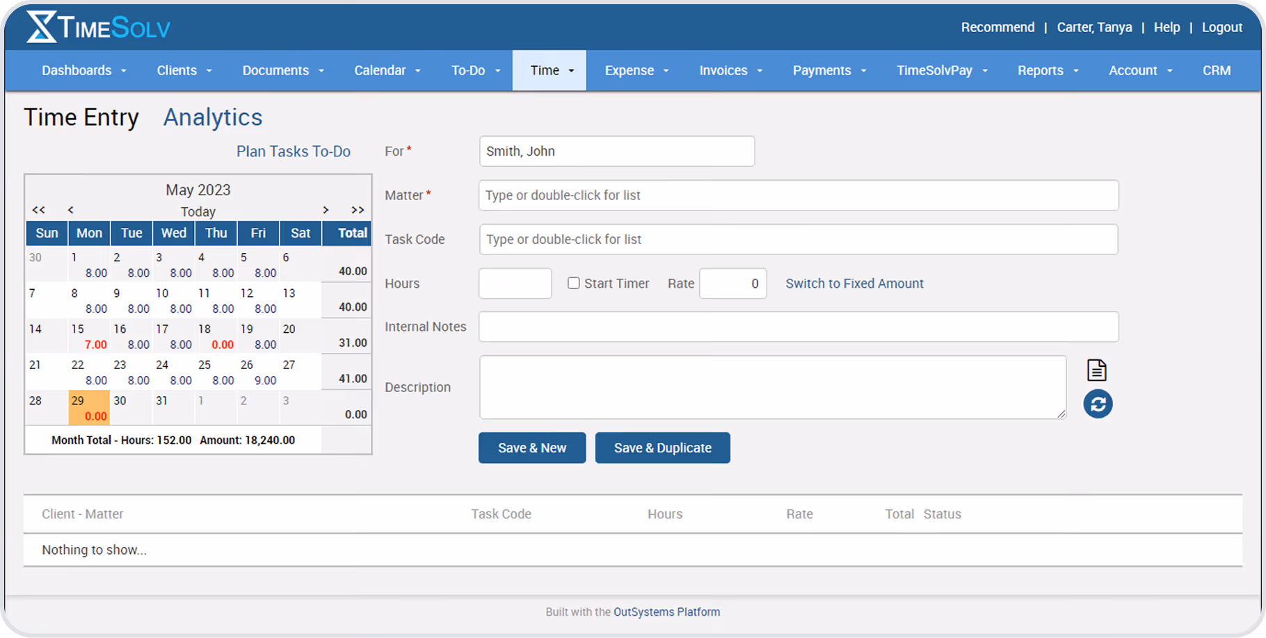TimeSolv displays its time entry dashboard with a monthly calendar on the left and text boxes to input task information like matter, task code, hours, notes, rate, and description.
