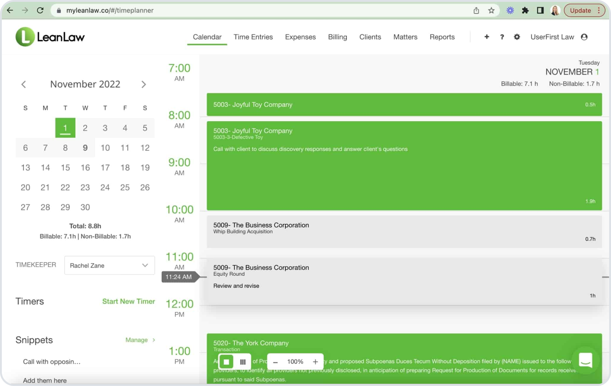 LeanLaw displays its calendar view dashboard with a monthly calendar on the left and a detailed list of tasks and billable hours for a specific day on the right.