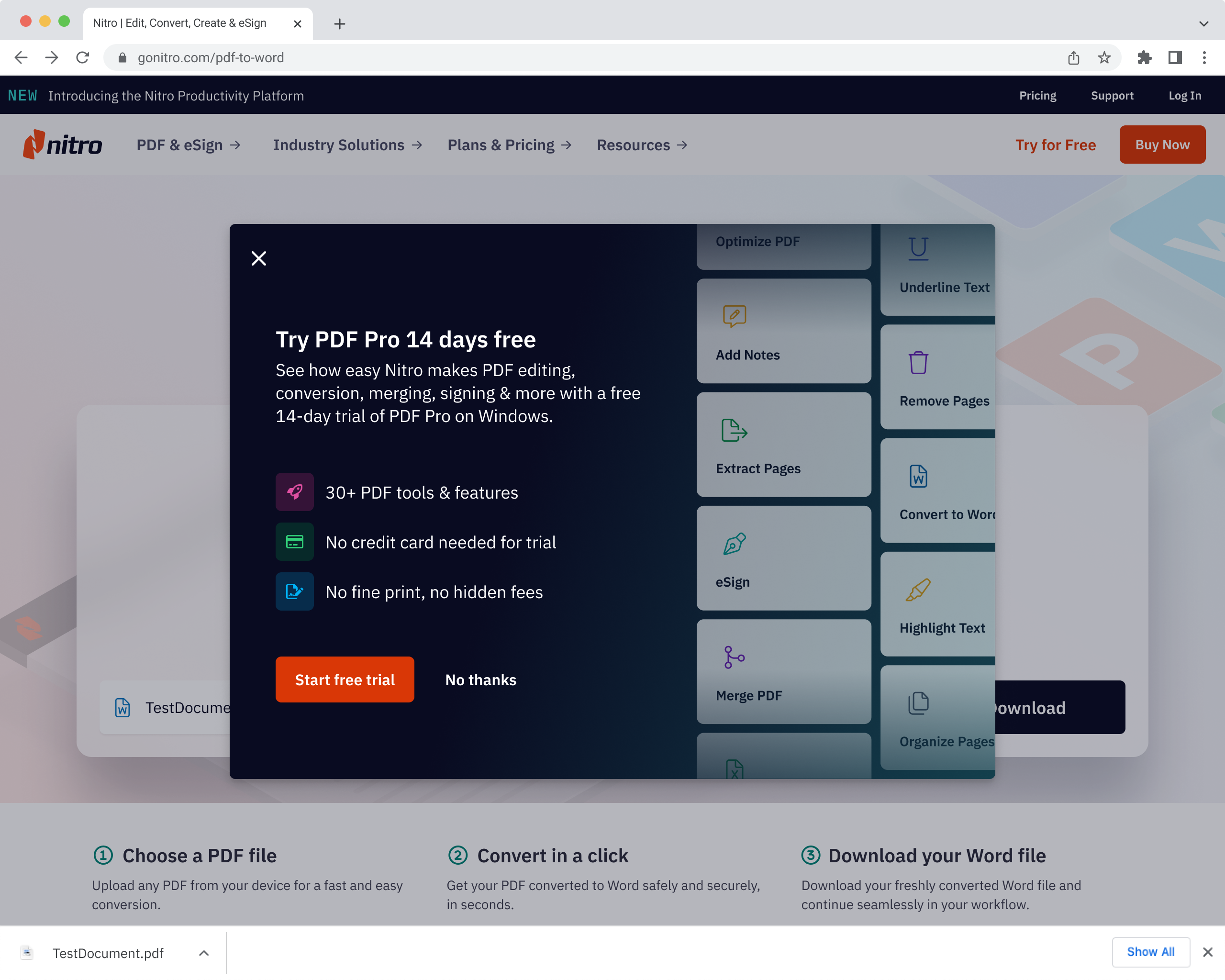Convert to PDF tool post-download modal