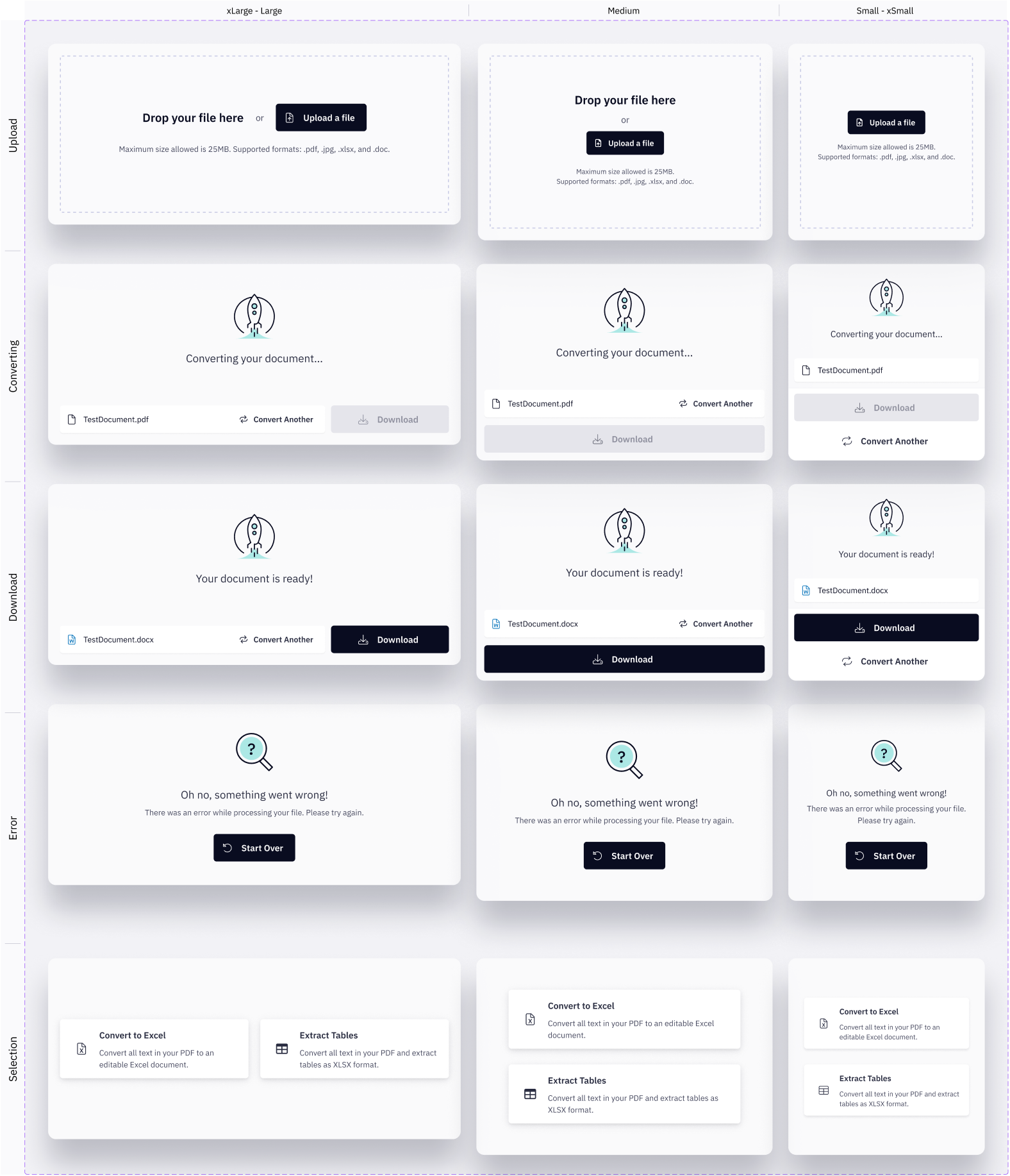 product component specifications by size and state