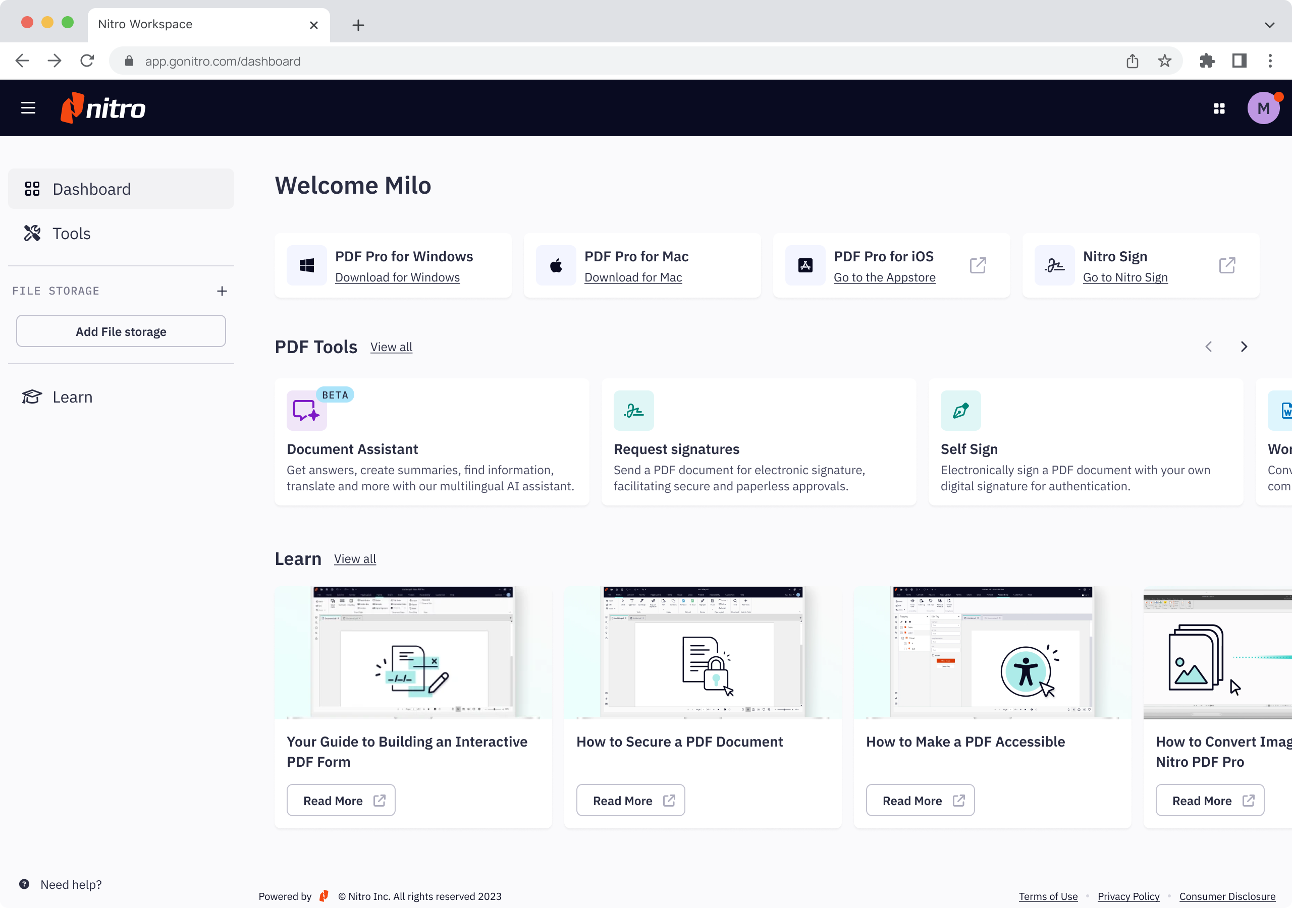 Nitro Workspace dashboard screen