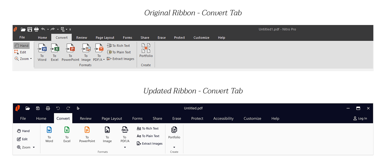 a side by side comparison of the ribbon in the old and new brand including new colors and icons