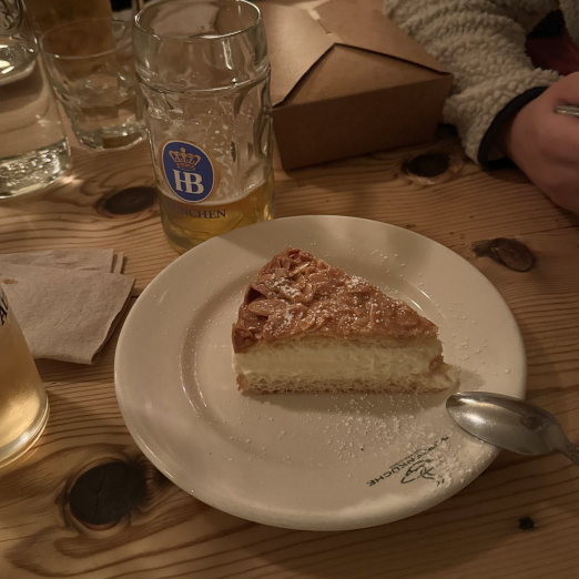 trying bee sting cake for the first time at a German restaurant in San Francisco