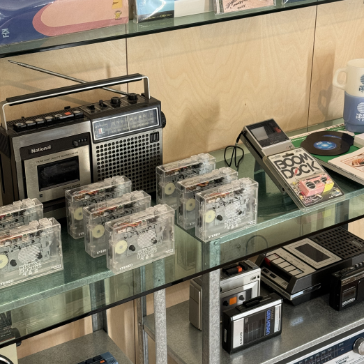 cassette tapes on display at a cafe in South Korea