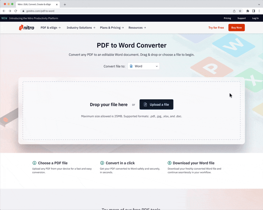 A motion graphic depicting the convert to word tool experience