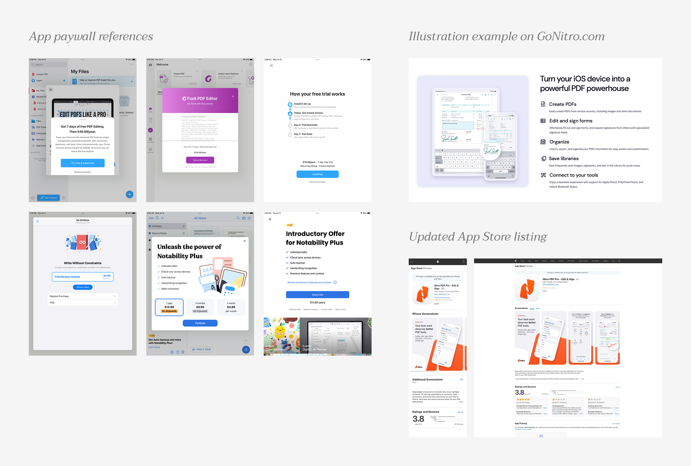 examples of design references including other app screenshots and Nitro branding and graphics
