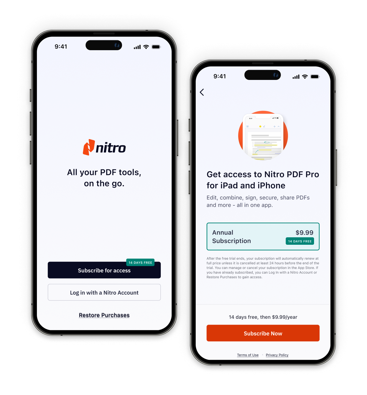 New screens in the user journey as users log in or purchase access to Nitro PDF Pro for iPad & iPhone