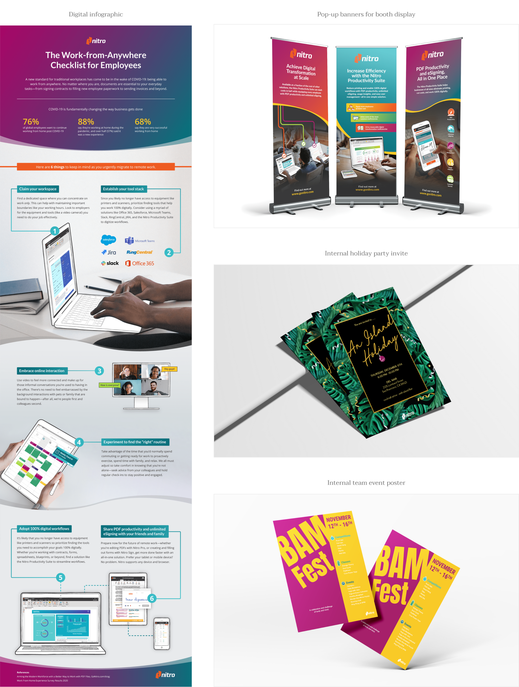 A collection of marketing assets for Nitro including a digital infographic, pop-up banners for a booth display, and event invites