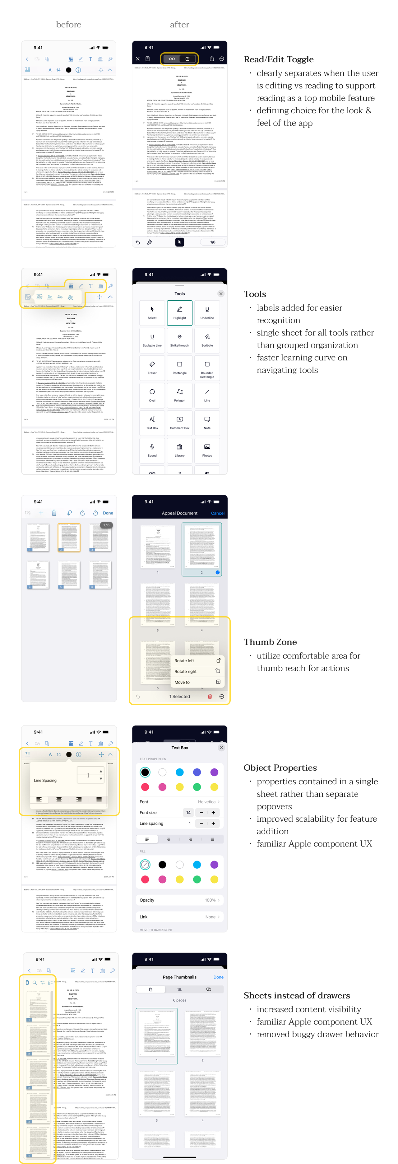 before and after designs with explanation about UX choices