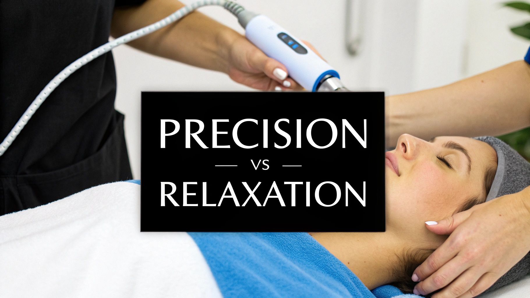 A split-screen image showing the immediate radiant glow from a Hydrafacial on one side and a person relaxing during a traditional facial on the other.