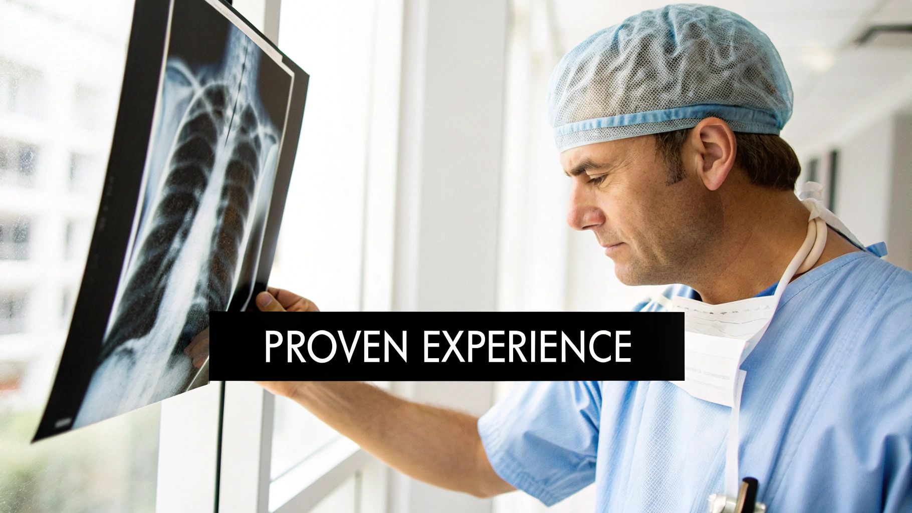 Surgeon in an operating room reviewing a patient's chart.
