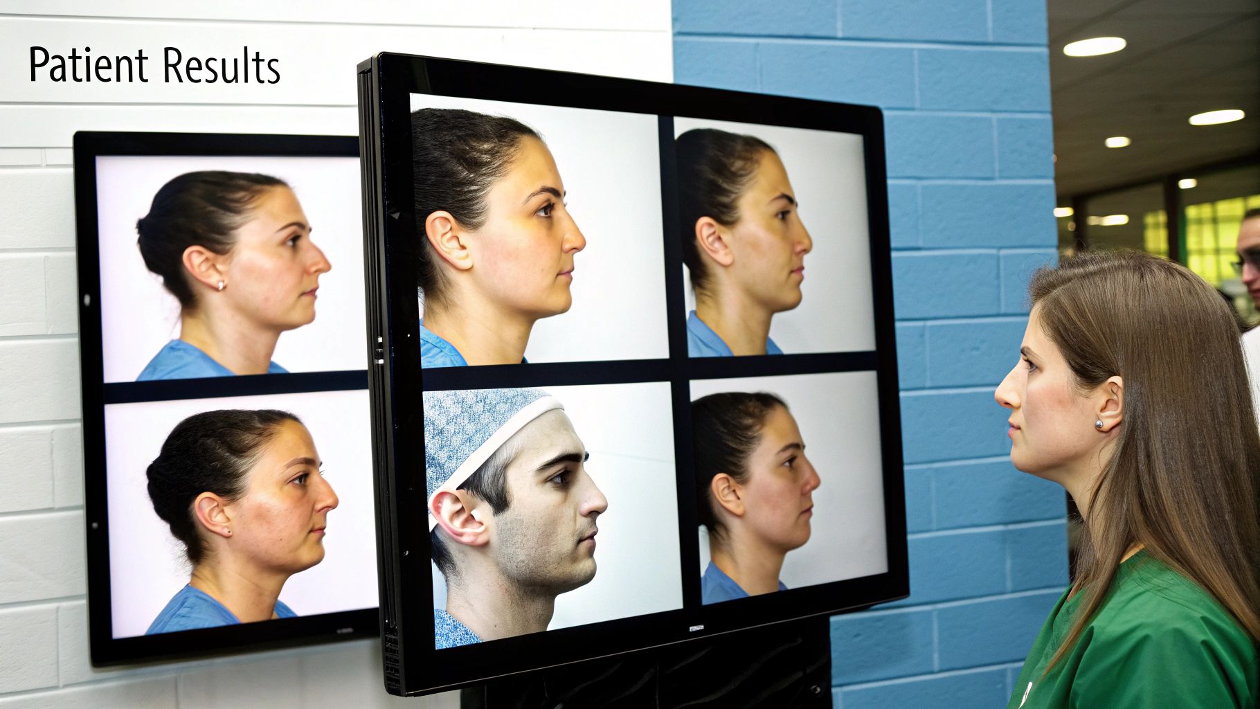 A collage of rhinoplasty before and after photos showing various angles of the nose, highlighting changes in the bridge, tip, and overall profile.