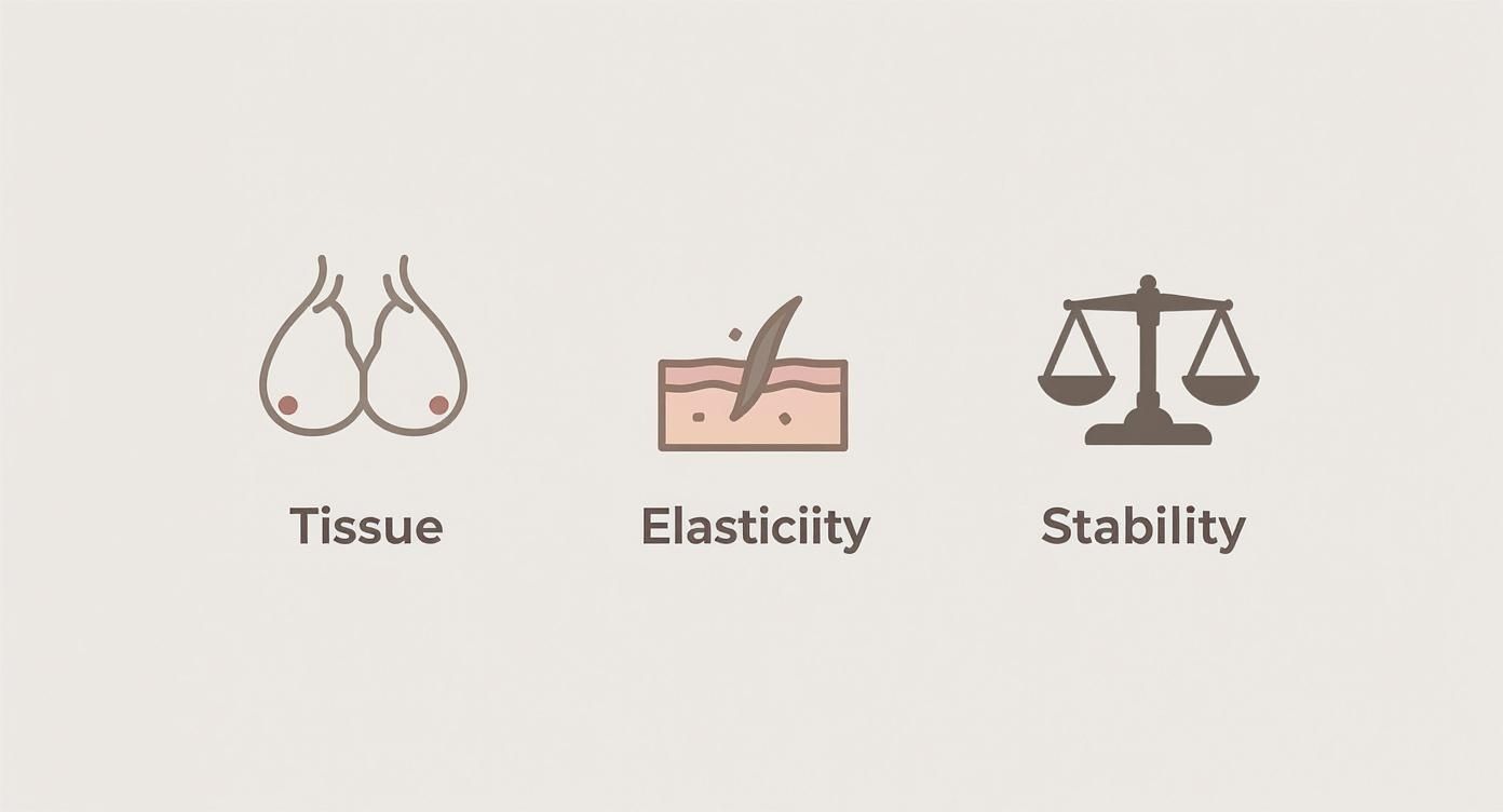 Infographic illustrating ideal candidate traits for a breast lift, showing icons for breast tissue, skin elasticity, and stable weight.