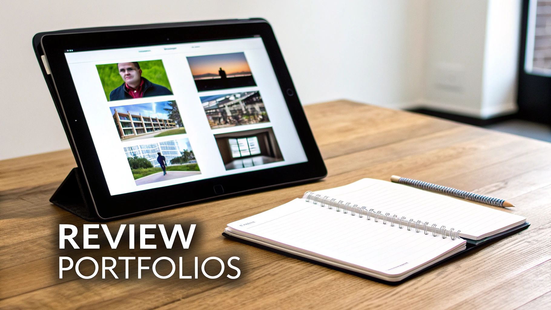 A close-up shot of a person critically examining a series of photographs, symbolizing the detailed analysis of a surgeon's portfolio.