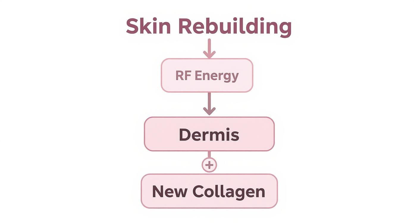 Infographic showing how RF energy stimulates the dermis to produce new collagen for skin rebuilding.