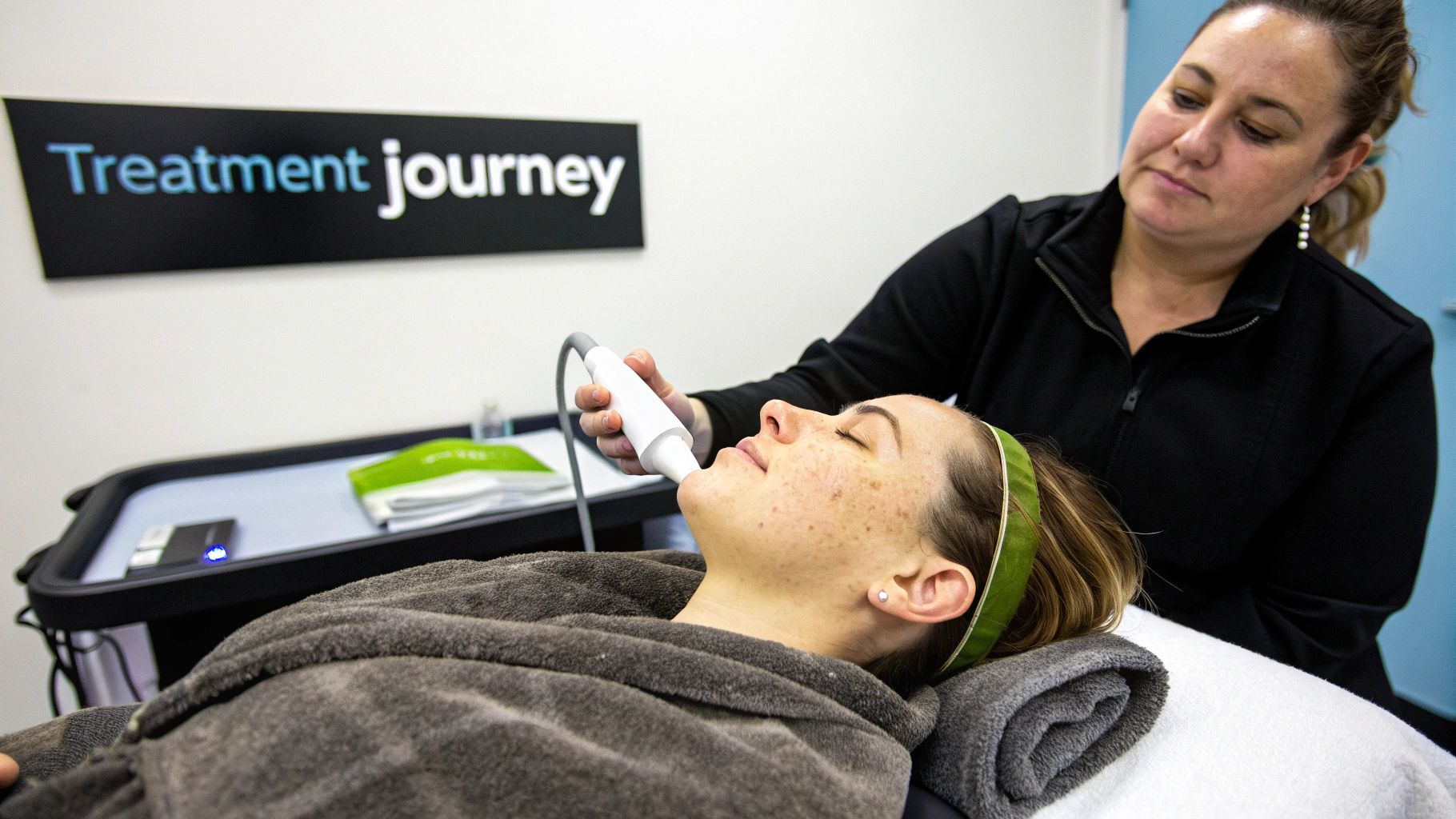 A patient undergoing RF skin tightening treatment on their face.