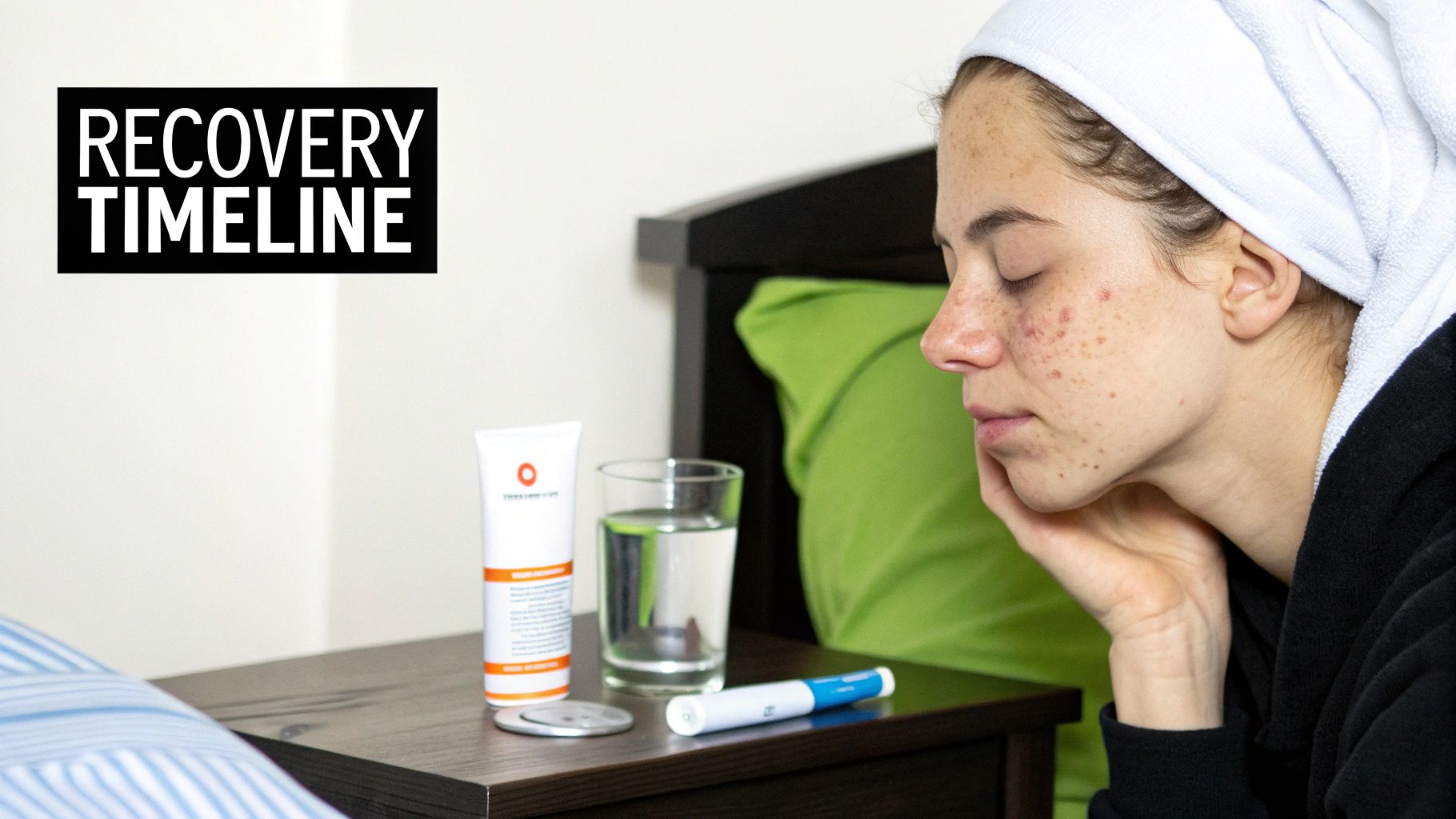 Woman applying aftercare cream to her face in a bathroom.