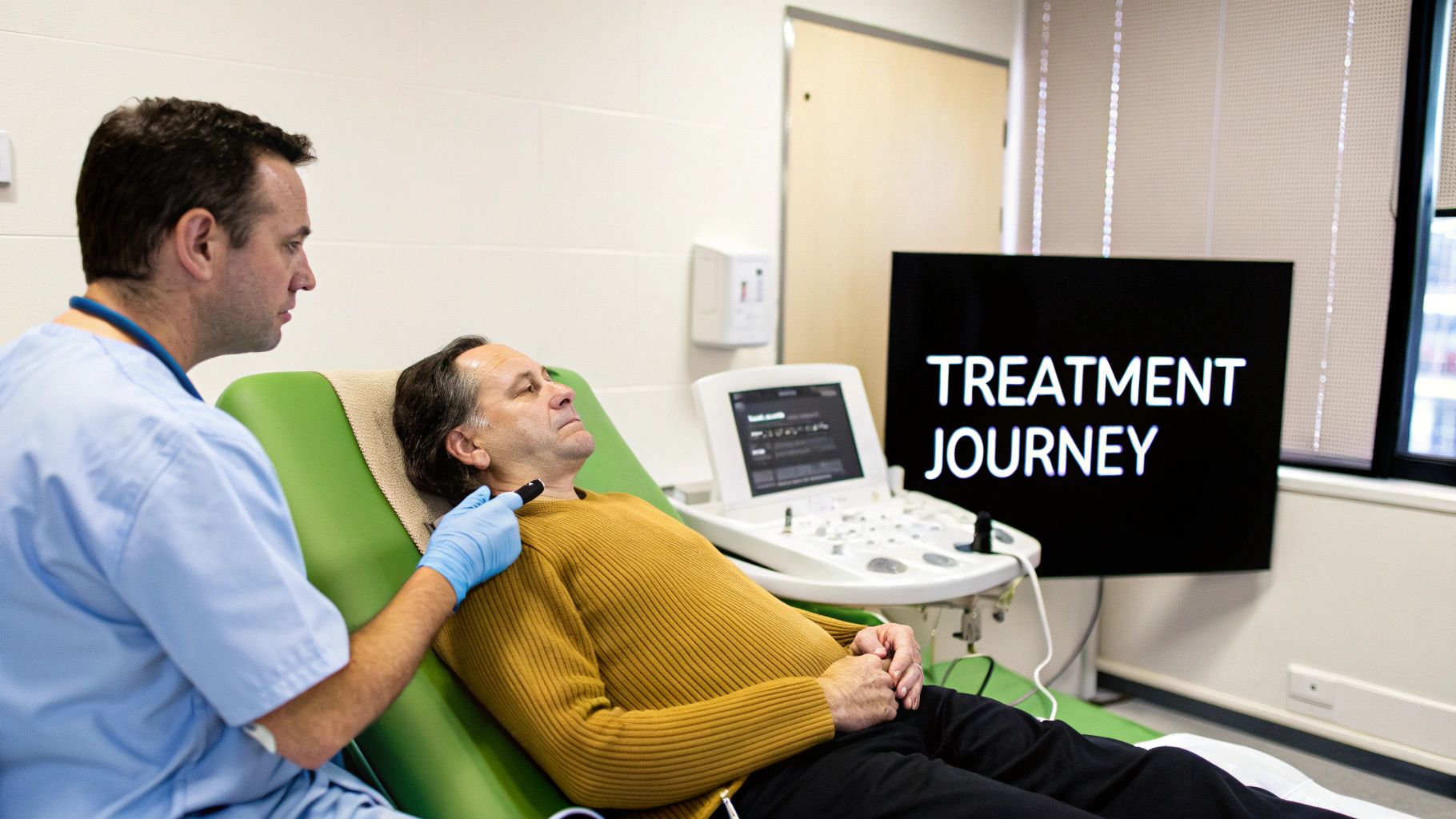 A practitioner performing an Ultherapy treatment on a patient's jawline.