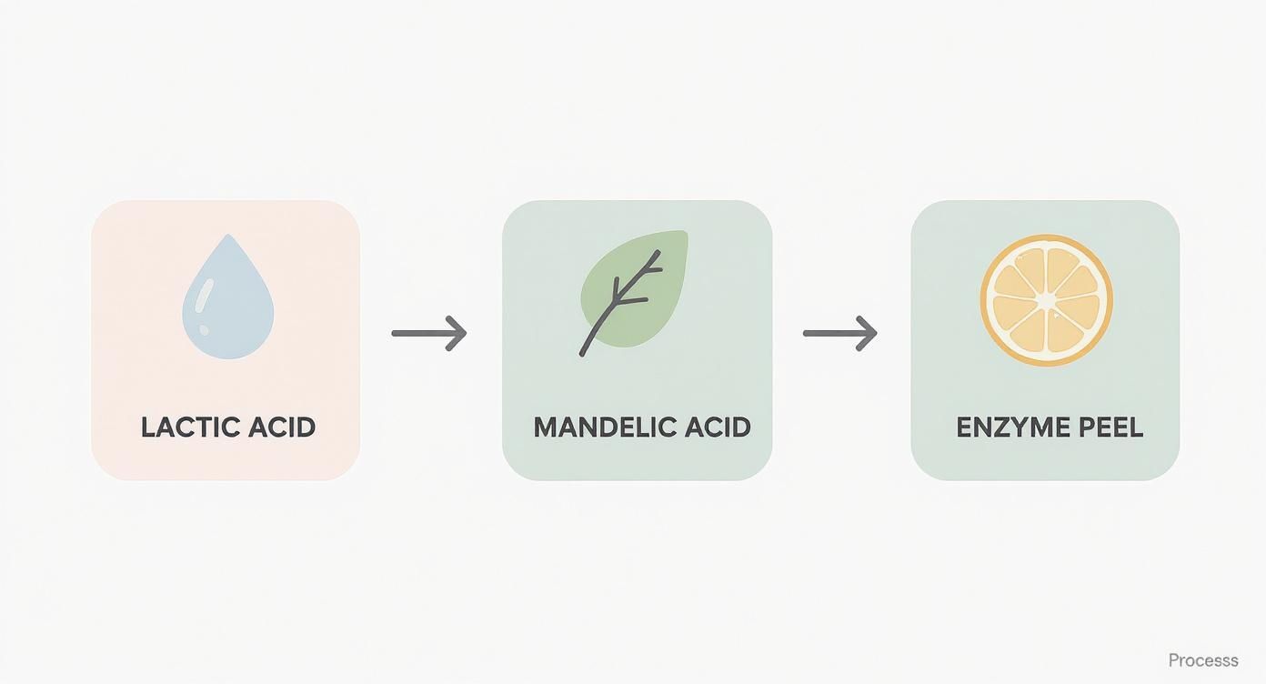 Infographic comparing Lactic Acid, Mandelic Acid, and Enzyme Peels for sensitive skin.