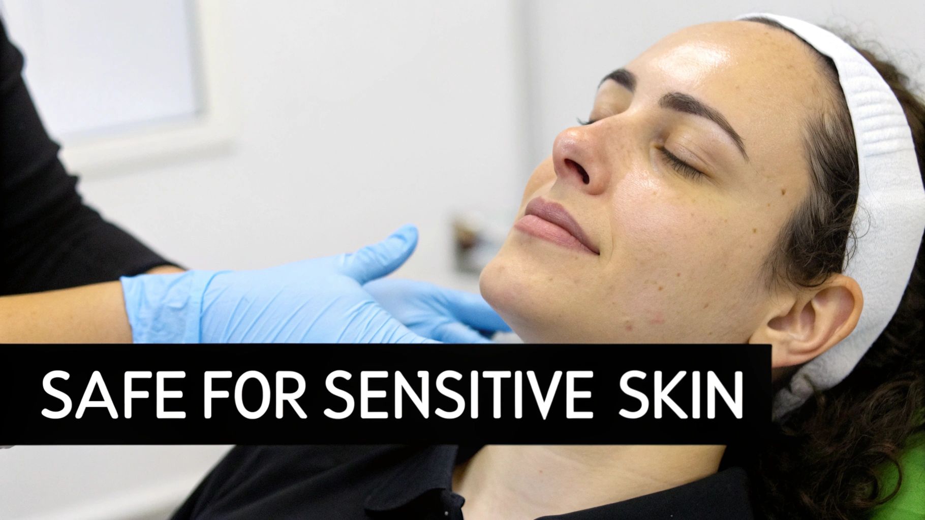 A woman receiving a gentle facial treatment, representing a chemical peel for sensitive skin.