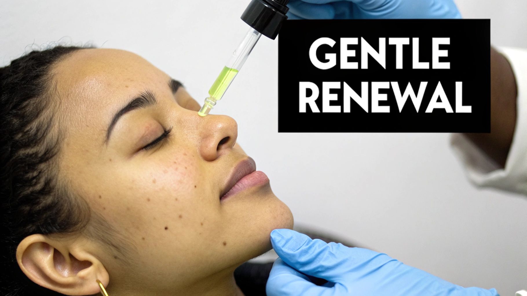 A close-up image showing a gentle peel solution being applied to a woman's face.