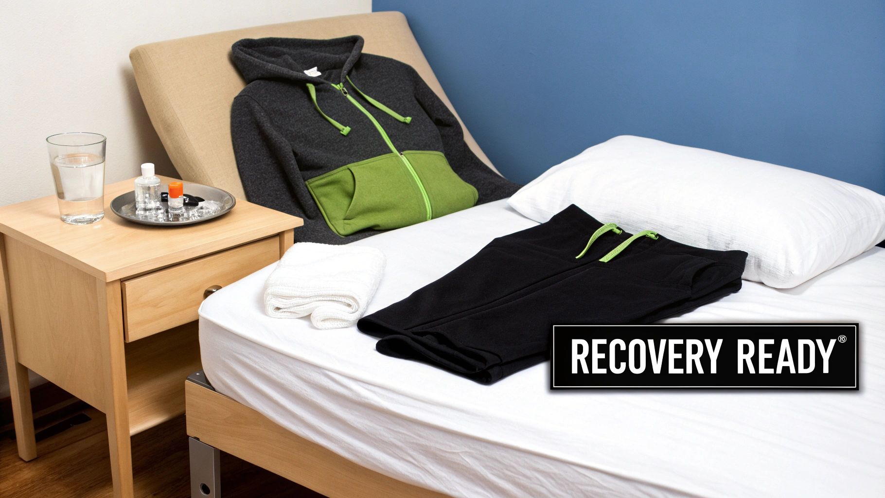 A woman packing a bag with comfortable clothes and essentials for a hospital stay.