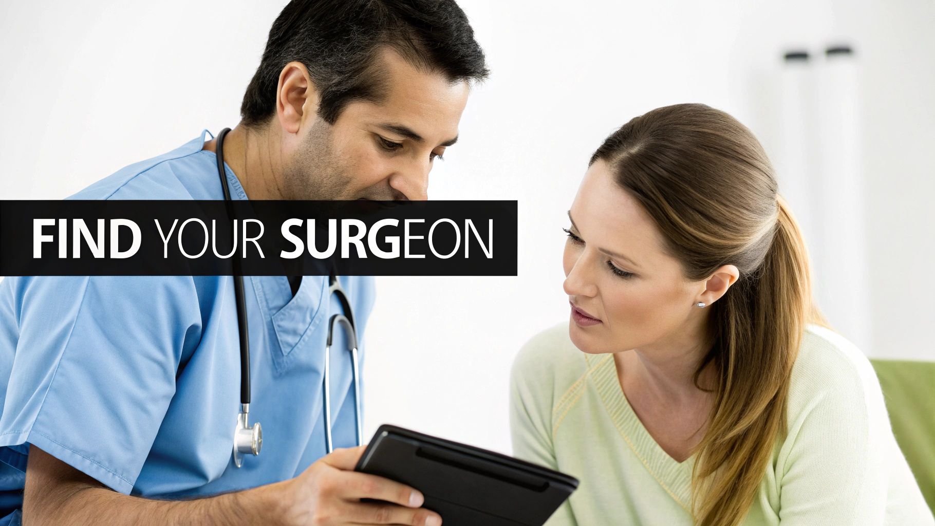 A surgeon in sterile gear carefully examining a patient's facial profile during a consultation