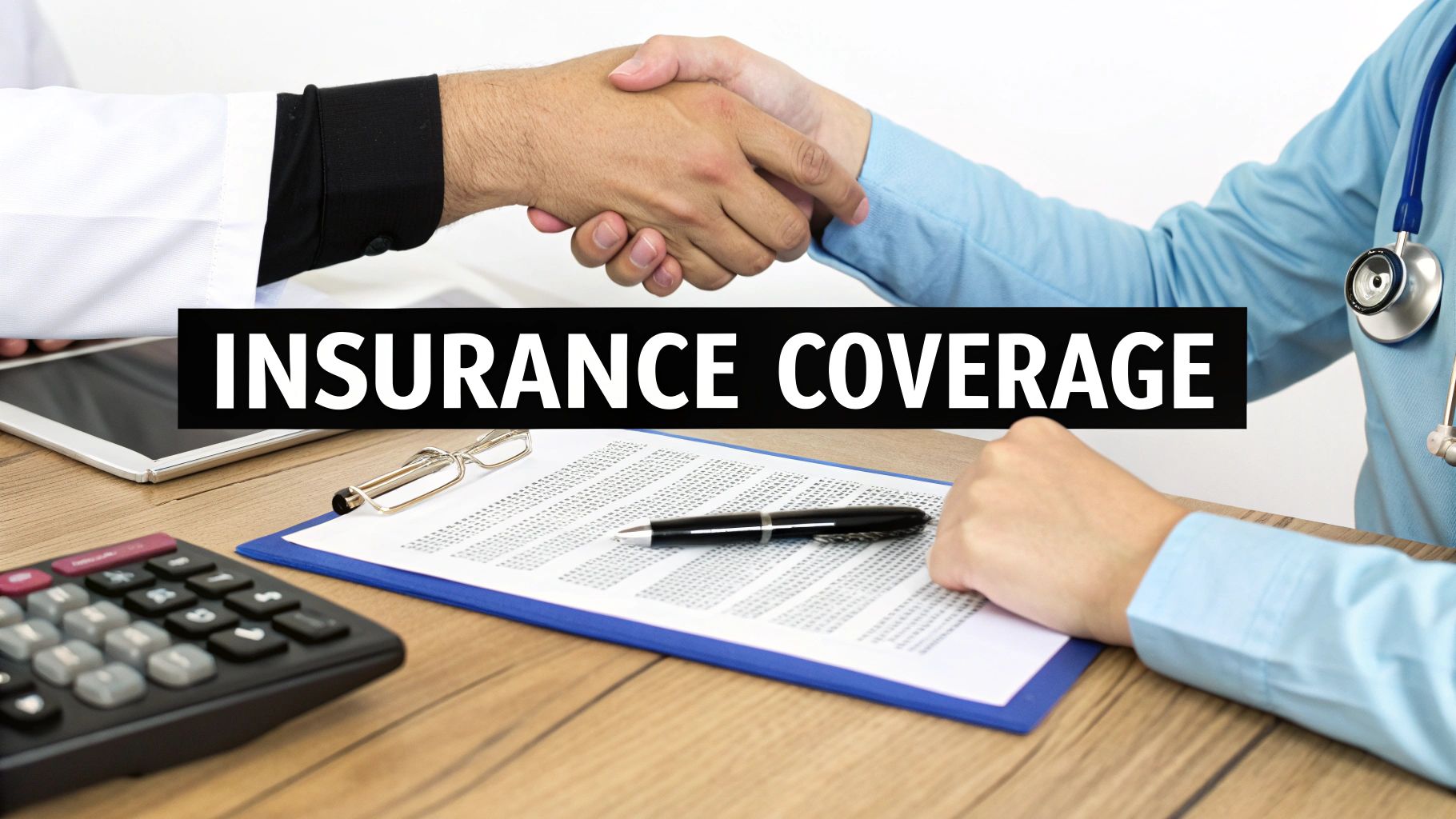 A calculator and stethoscope resting on insurance forms, illustrating the financial aspect of surgery