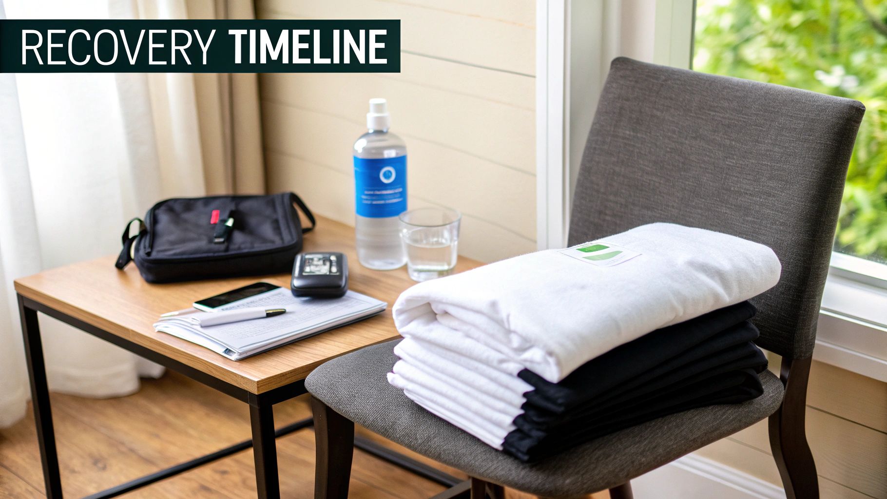 A woman wearing a compression garment after a tummy tuck procedure