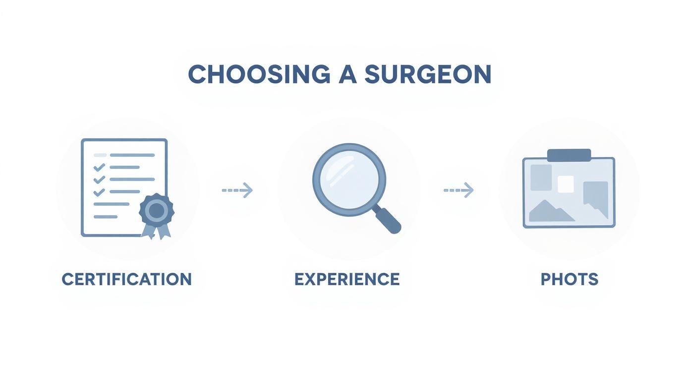 Infographic detailing the process of choosing a revision rhinoplasty surgeon with icons for Certification, Experience, and Photos.