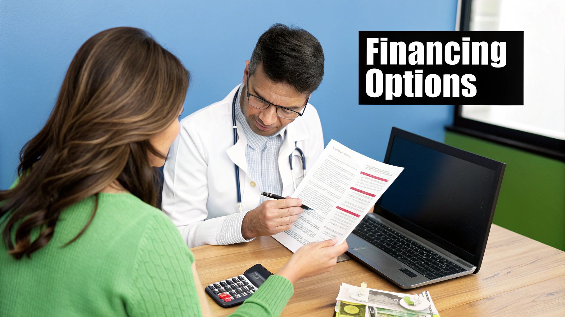 A person reviewing financial documents and using a calculator to plan their budget for cosmetic surgery.