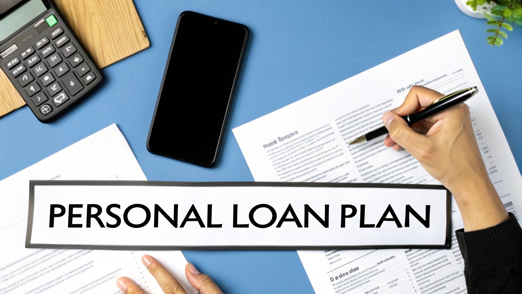 A person smiling as they review a personal loan agreement on a tablet, with a bright and clean background.