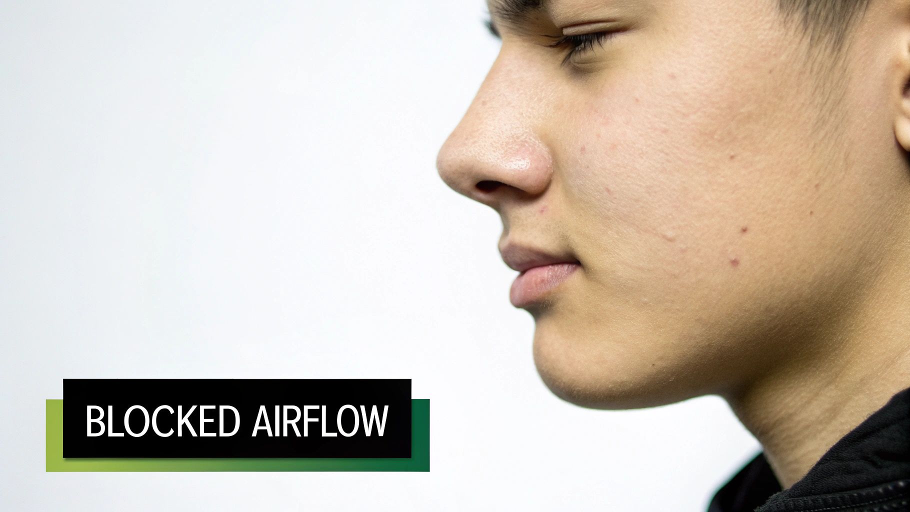 A diagram showing the nasal passages and a deviated septum obstructing airflow.