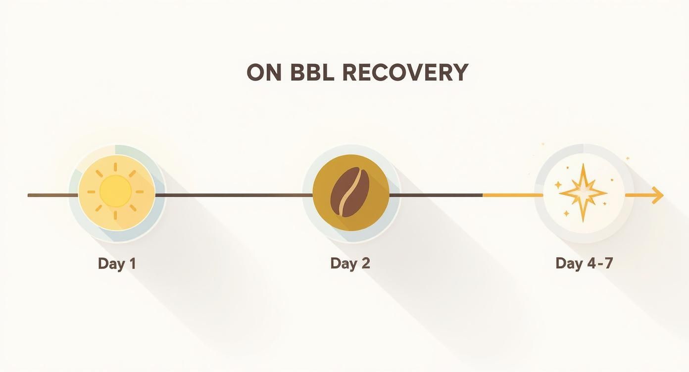 Infographic showing the BBL laser day by day recovery timeline with icons for Day 1 (sun), Days 2-3 (coffee bean), and Days 4-7 (sparkle).