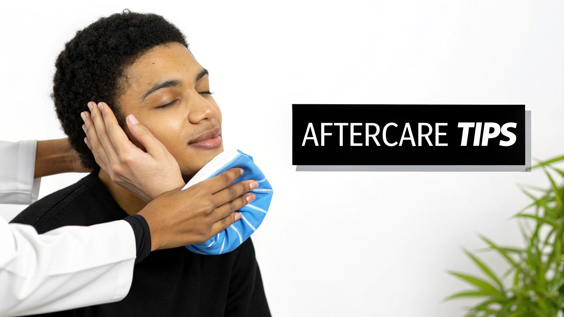 A person applying a cool compress to their cheek after a cosmetic treatment.