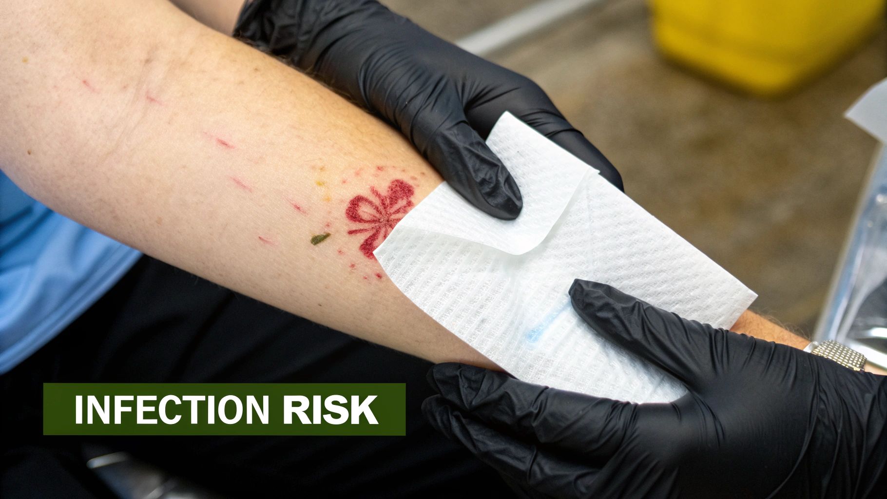 A close-up shot of a tattoo artist's gloved hand working on a detailed tattoo on someone's skin.