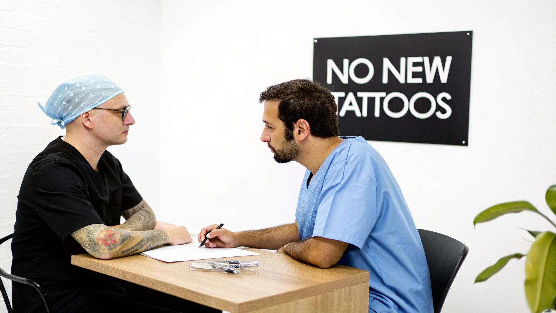 A person's arm with a colorful sleeve tattoo being examined by a medical professional in blue gloves.